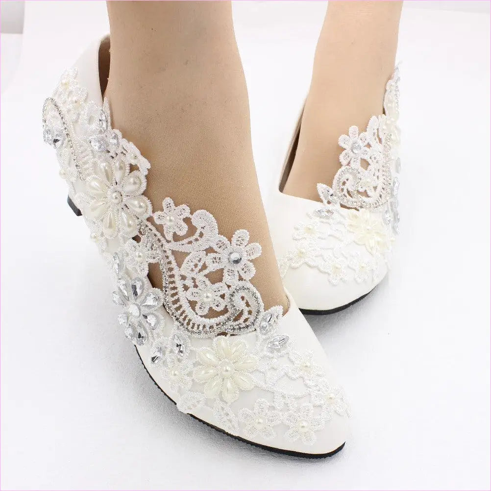 White Lace and Rhinestone Wedding Shoes Choice of Height