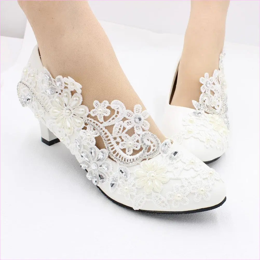 White Lace and Rhinestone Wedding Shoes Choice of Height