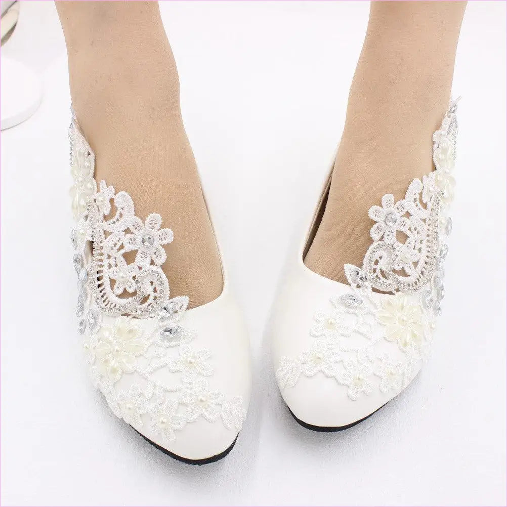White Lace and Rhinestone Wedding Shoes Choice of Height