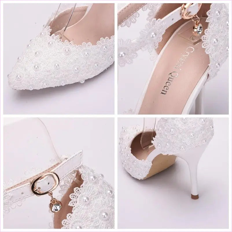Almond Toe Lace Wedding Shoes White Lace with Flower Tassel