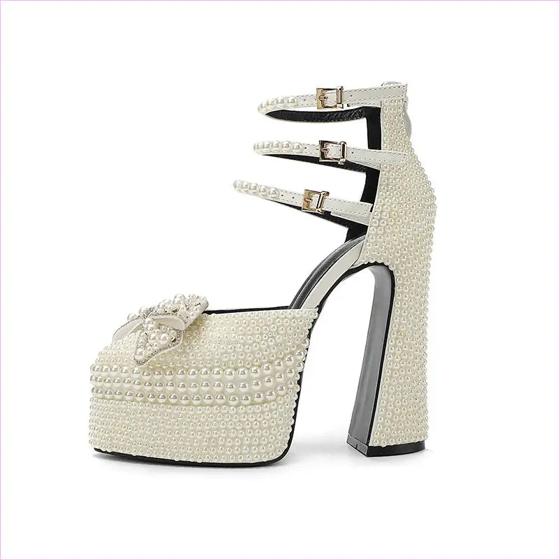 Patent Leather Pearl Encrusted High Platform Heel Shoes