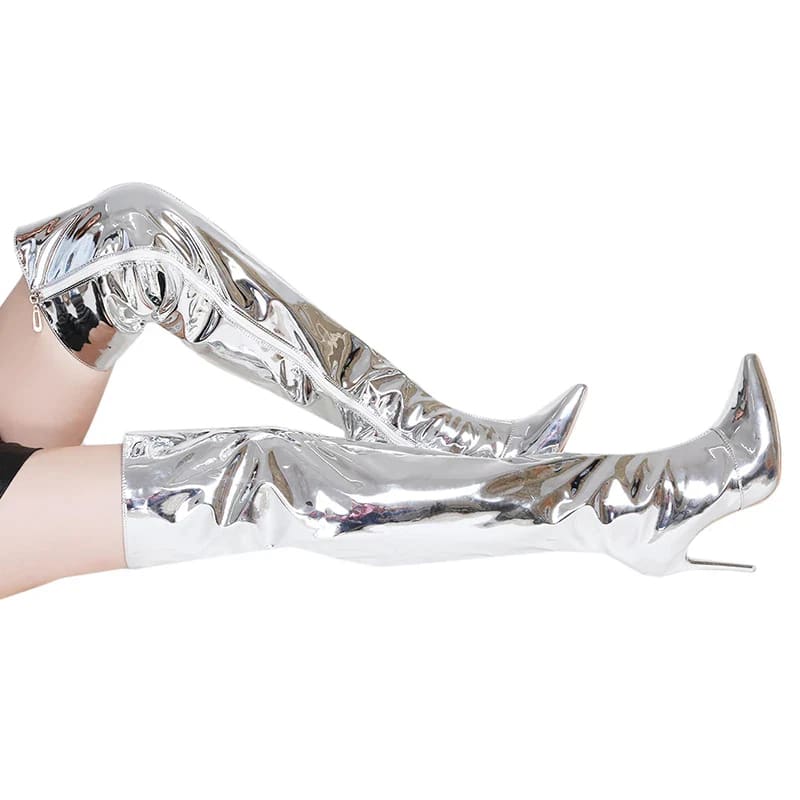 Womens Silver Mirror Platform Heels Over Knee Long Boots