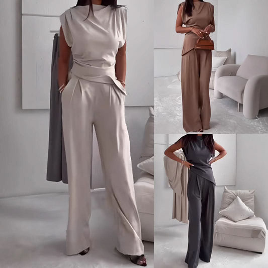 Women's Sleeveless Suit Fashion Slim Irregular Split Top And Straight Pants Solid Trouser Set Jumpsuit Pleasures and Sins