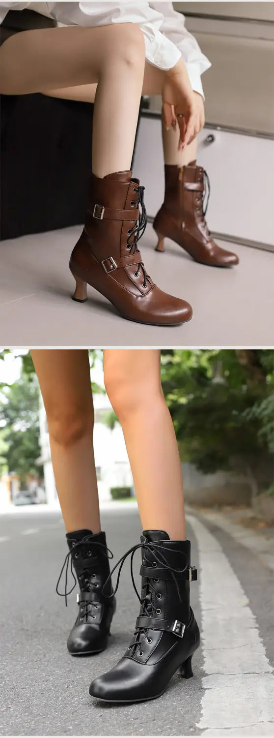 Braune und schwarze Kampfstiefel mit mittlerem Absatz und Schnürung und stylischen Schnallendetails.