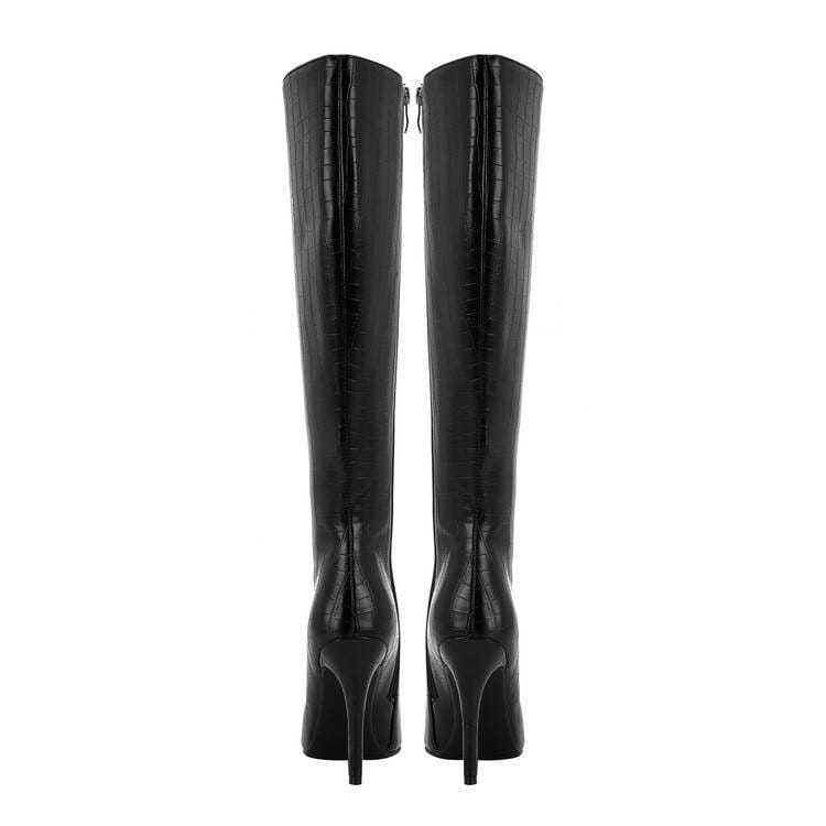 Bottes noires au genou à motif plaqué avec talon aiguille pointu, fabriquées méticuleusement.