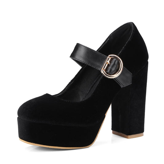 Beautiful Velour Block Heel Mary Jane Shoes
