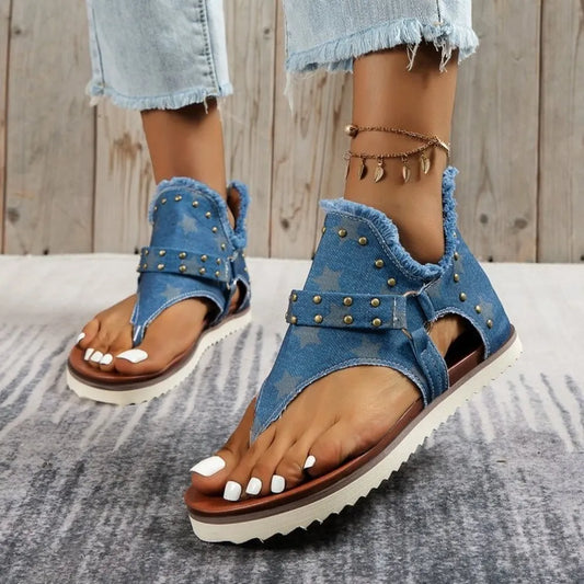 Studded Raw Hem Flat Open Toe Summer Denim Sandals