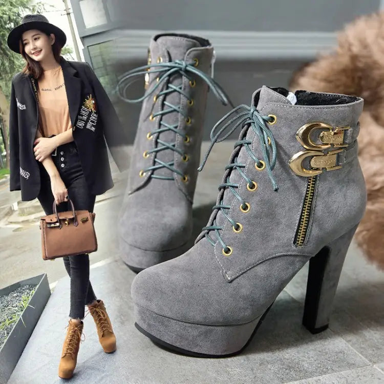 Gray suede platform ankle boots with laces and gold buckles for drag queens.
