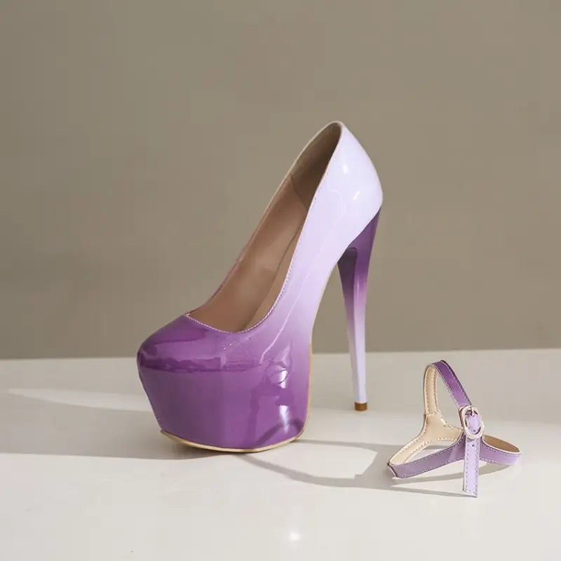 Purple ombré platform heel drag queen shoes with removable ankle strap and violet gradient.