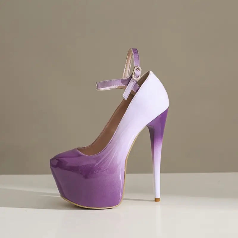Purple and white high-heeled platform heel drag queen shoes with removable ankle strap.