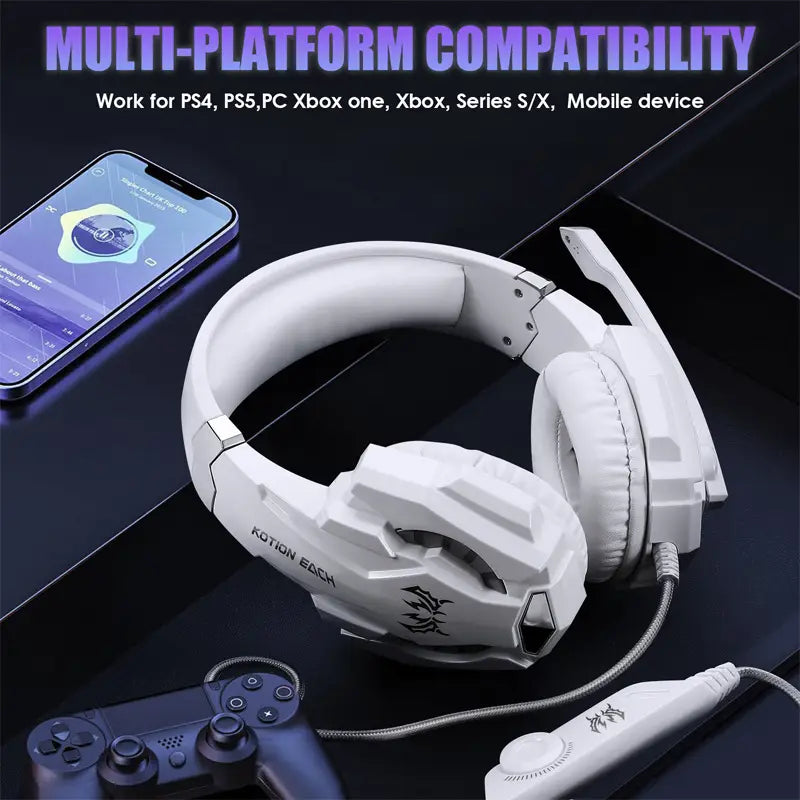 Weißes, am Kopf montiertes Gaming-Headset mit LED-Leuchten und einstellbarem Mikrofon für ultimatives Gameplay.