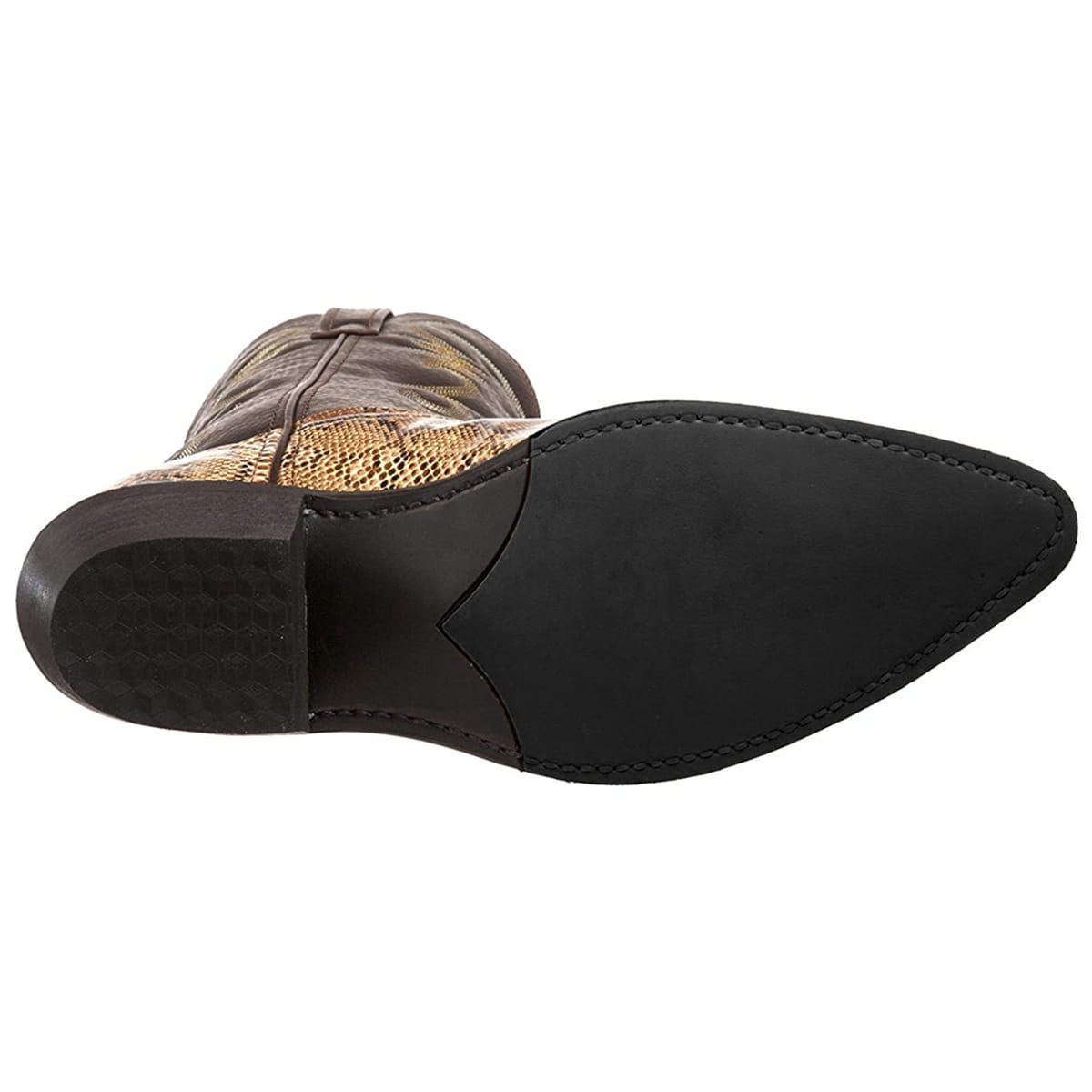 Bottom view of Western Cowboy Boots showcasing snake pattern and iron toe cap.
