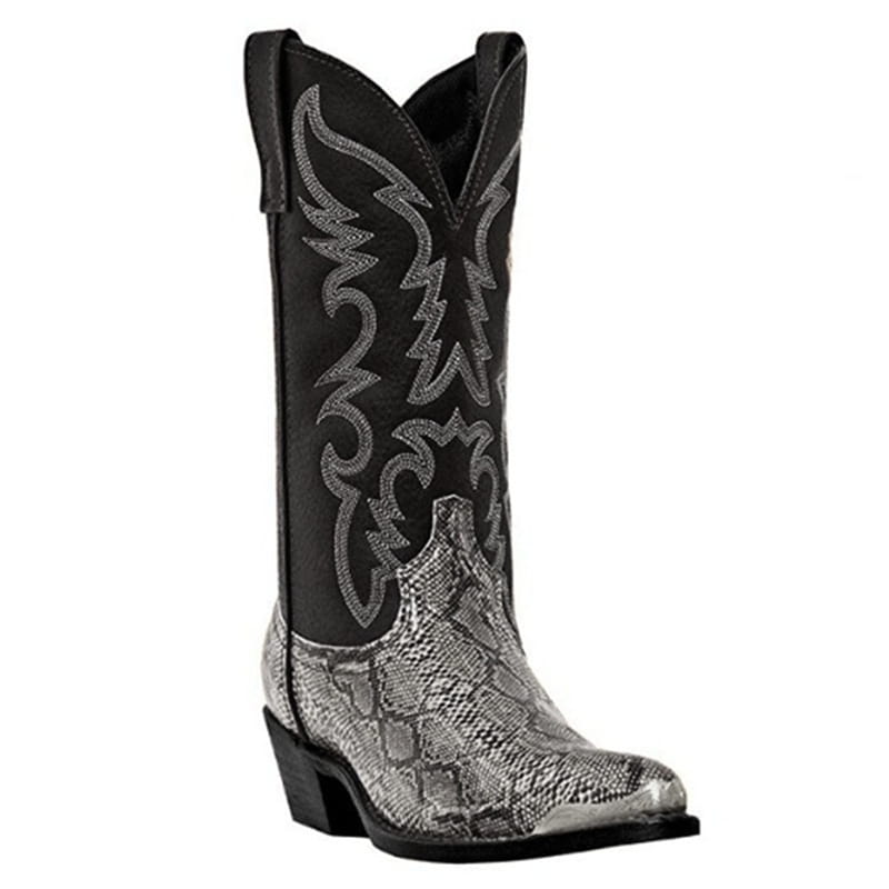 Western cowboy boots with snake pattern and black leather shaft featuring iron toe cap.