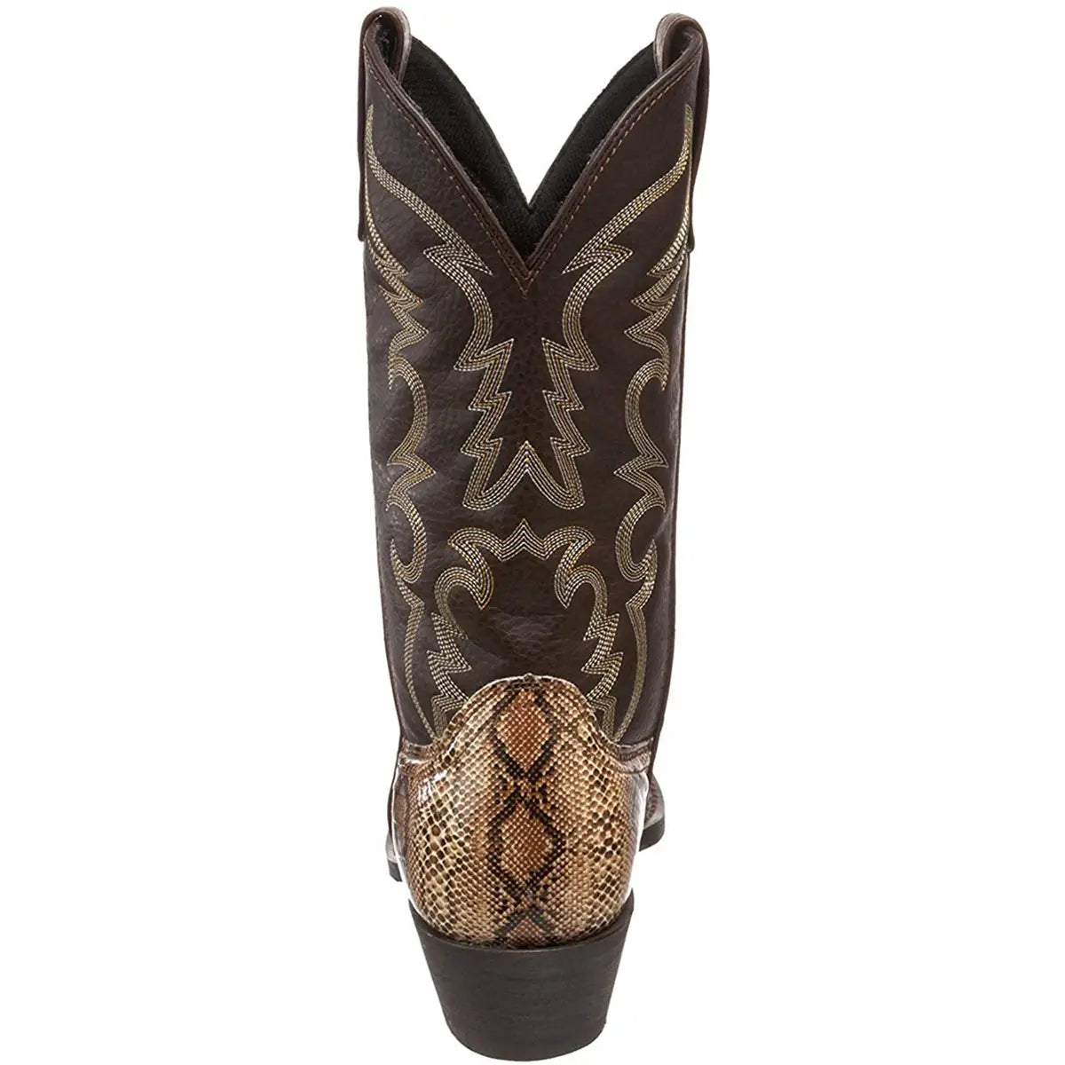 Brown leather Western Cowboy Boots with snake pattern, decorative stitching, and iron toe cap.
