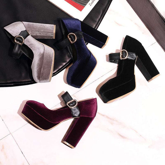 Beautiful Velour Block Heel Mary Jane Shoes