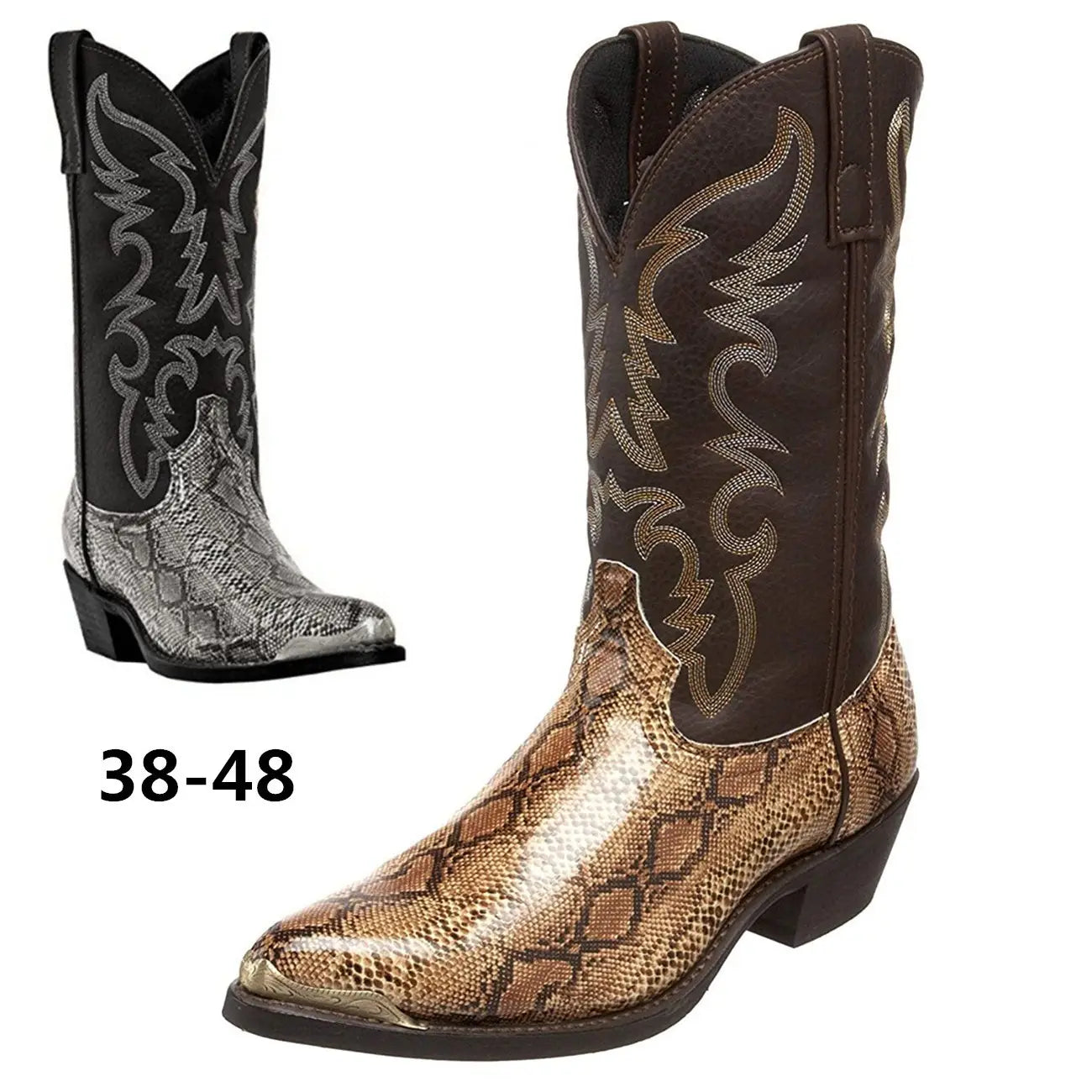 Western cowboy boots with snake pattern and iron toe cap, perfect for a stylish look.