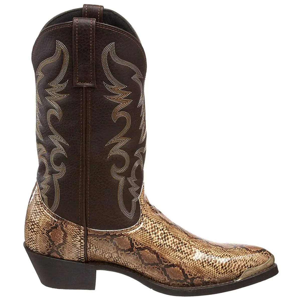 Western cowboy boots with a brown leather upper and snake pattern foot and iron toe cap.