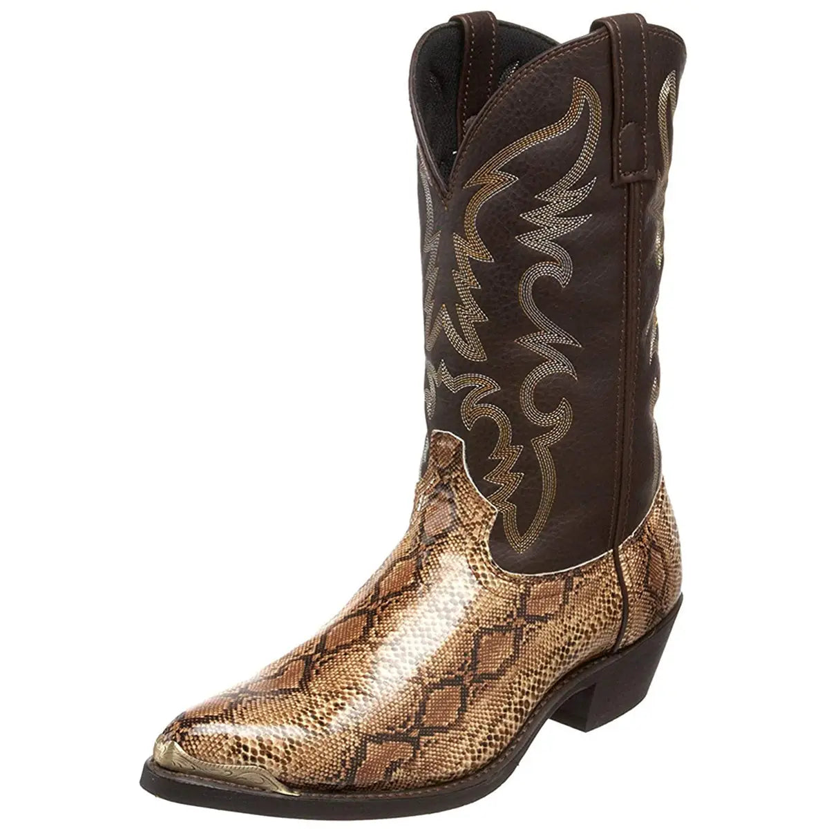 Western cowboy boots with snake pattern leather and iron toe cap, stylish and durable.