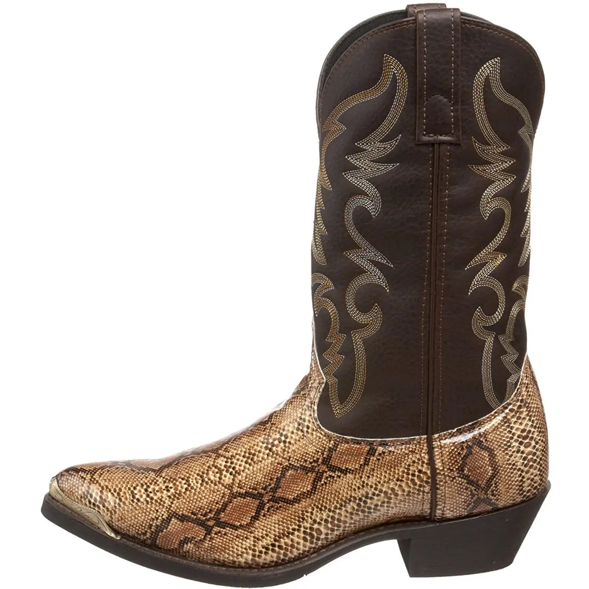 Stylish Western cowboy boots with snake pattern and iron toe cap for a bold look.