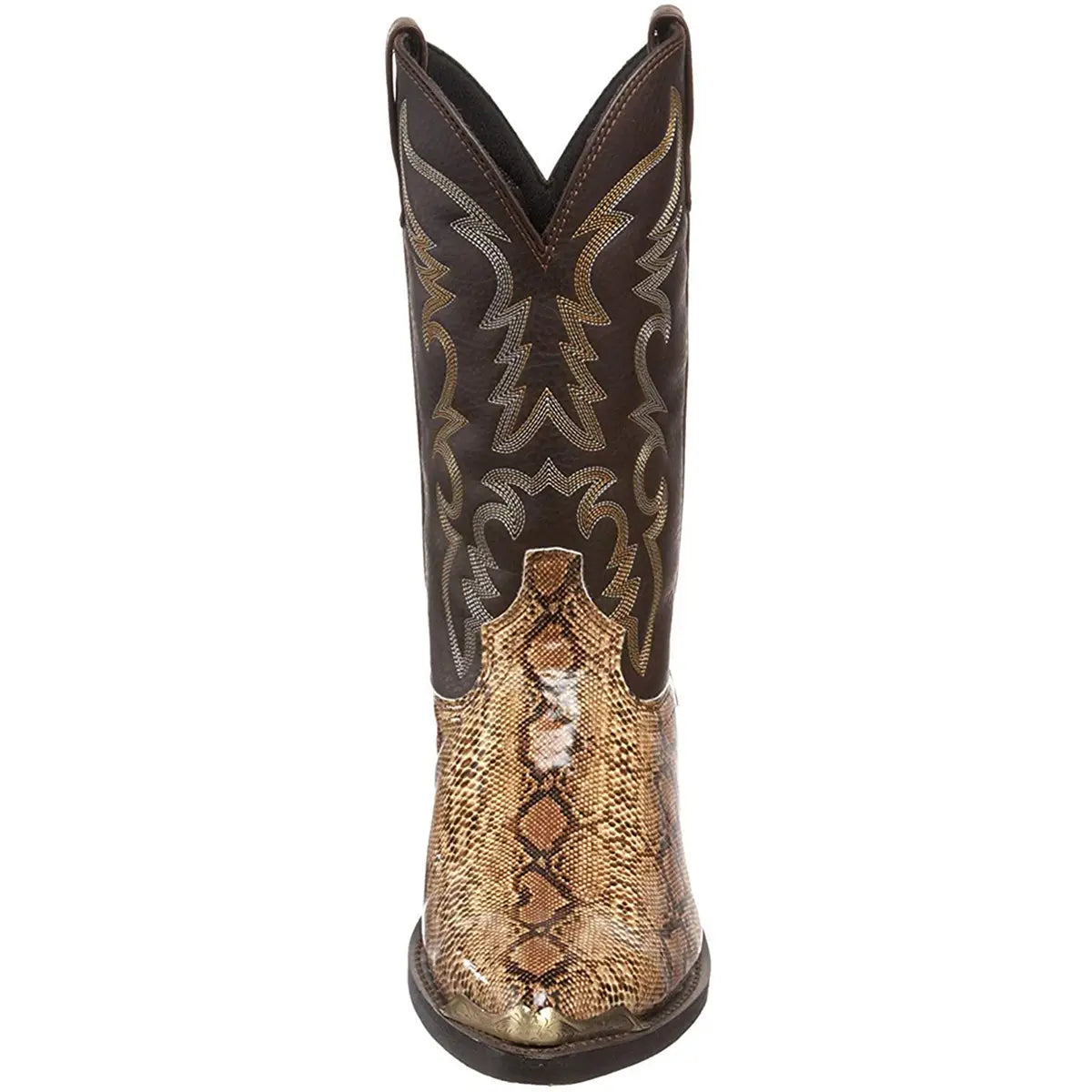 Western cowboy boots with a cool snake pattern and durable iron toe cap.