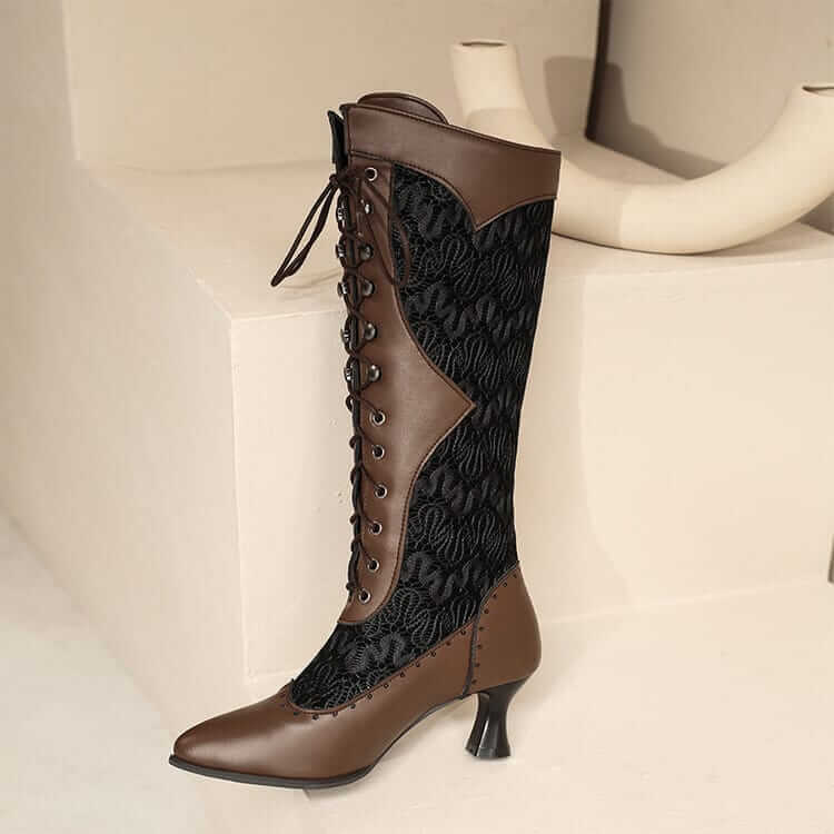 Brown and Black Victorian Style Steampunk Lace Pointed Toe Boots with curved heel.