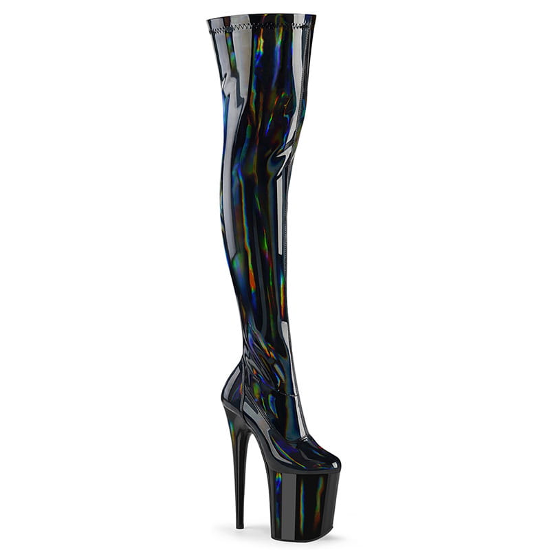 Holographic black patent leather thigh length boots with 20cm stiletto heels.