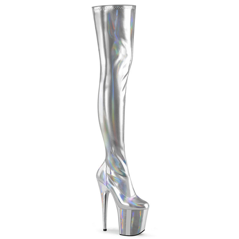 Metallic silver holographic thigh-high platform boots with stiletto heel for stylish looks.