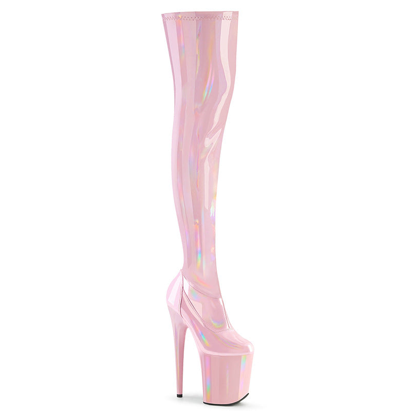 Pink holographic thigh-high platform boot with tall stiletto heel, stylish patent leather.
