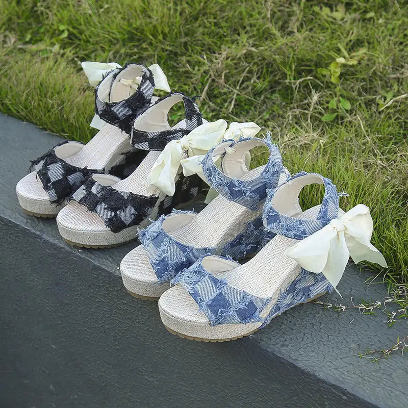 Ladies Wedge Peep Toe Bow Lace - up High Heel Check (talon haut)
