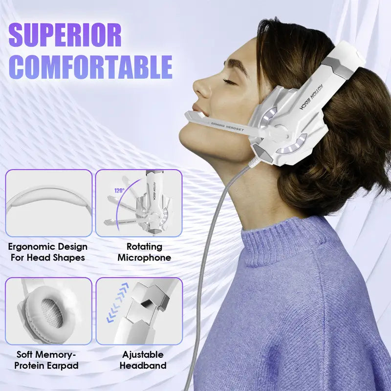 Weißes, am Kopf montiertes Gaming-Headset mit weichem Schaumstoff und verstellbarem Mikrofon für ultimativen Komfort.