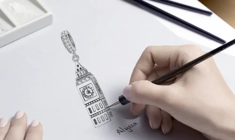 Hand-drawn sketch of British Big Ben in S925 Sterling Silver pendant design.