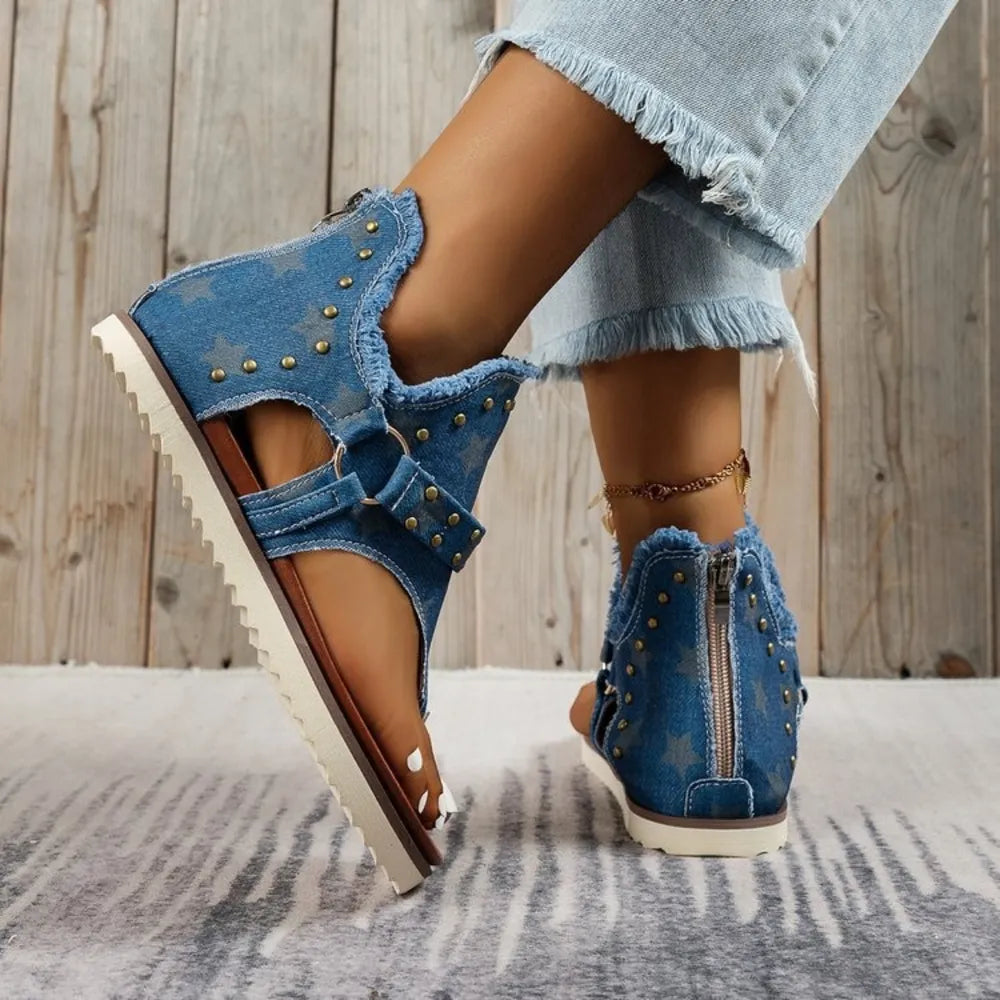 Studded Raw Hem Flat Open Toe Summer Denim Sandals