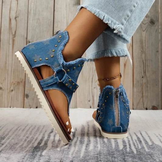 Studded Raw Hem Flat Open Toe Summer Denim Sandals