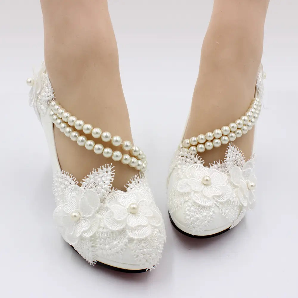 Elegant White Wedding Shoes with Pearl Strap and High Heel