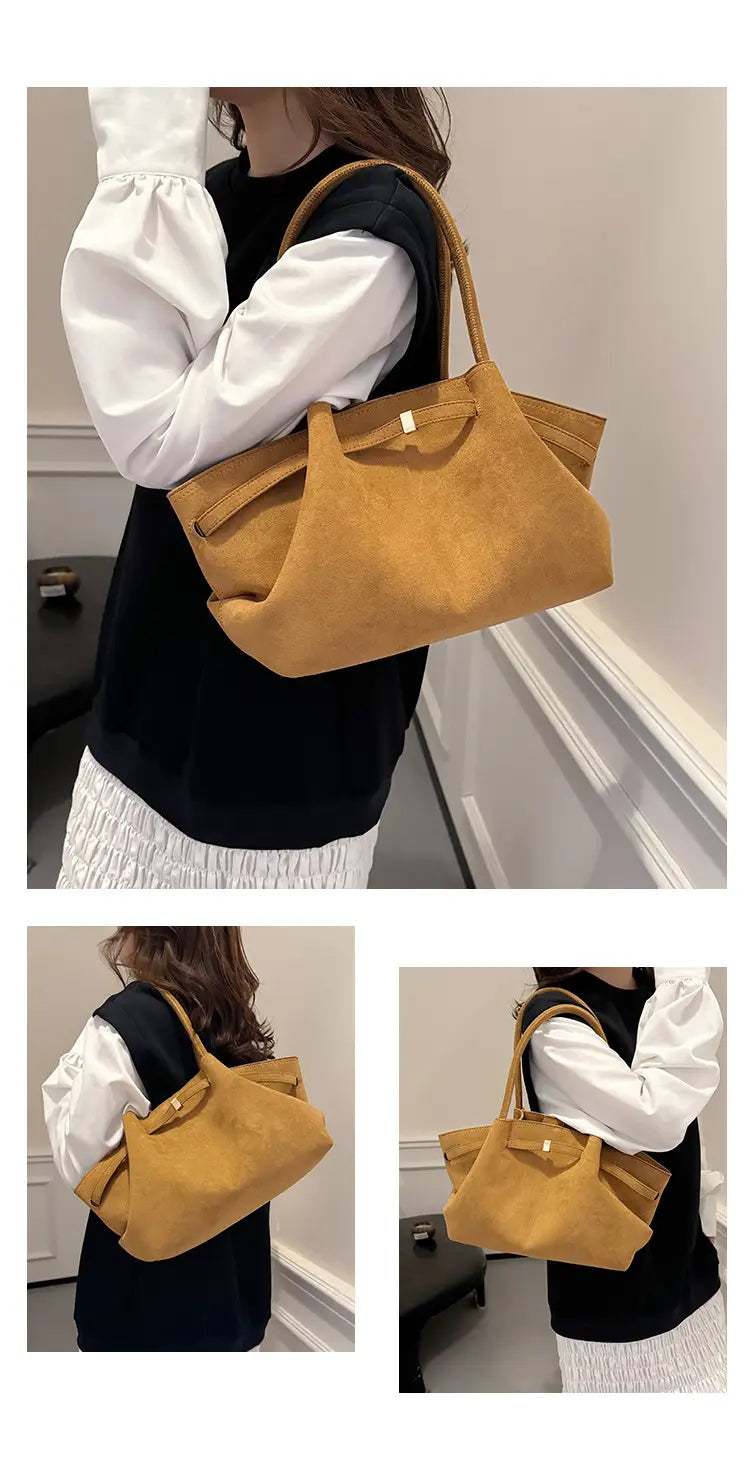 Mustard yellow suede tote bag with leather handles, stylish and impressively spacious.