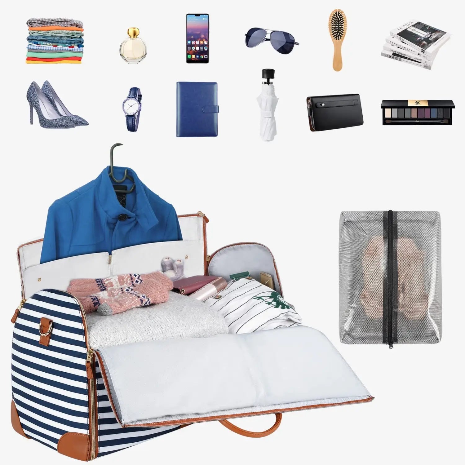 Striped duffle bag unfolds into a bed, perfect for stylish portable foldable suit travel.