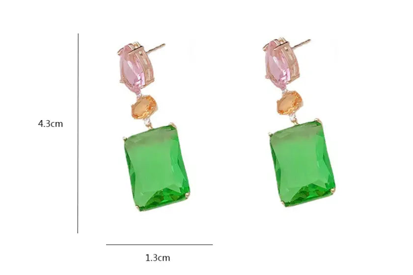 Colorful Pink Droplet Geometric Square Earrings with vibrant crystals and luxurious emerald pendants.