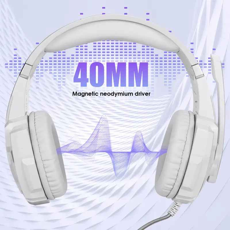 Weißes, am Kopf montiertes Gaming-Headset mit 40-mm-Neodym-Treiber für immersives Gameplay.