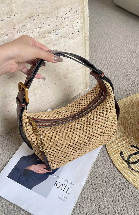 Women's Top Handle Summer Brown Leather Raffia Woven Bag