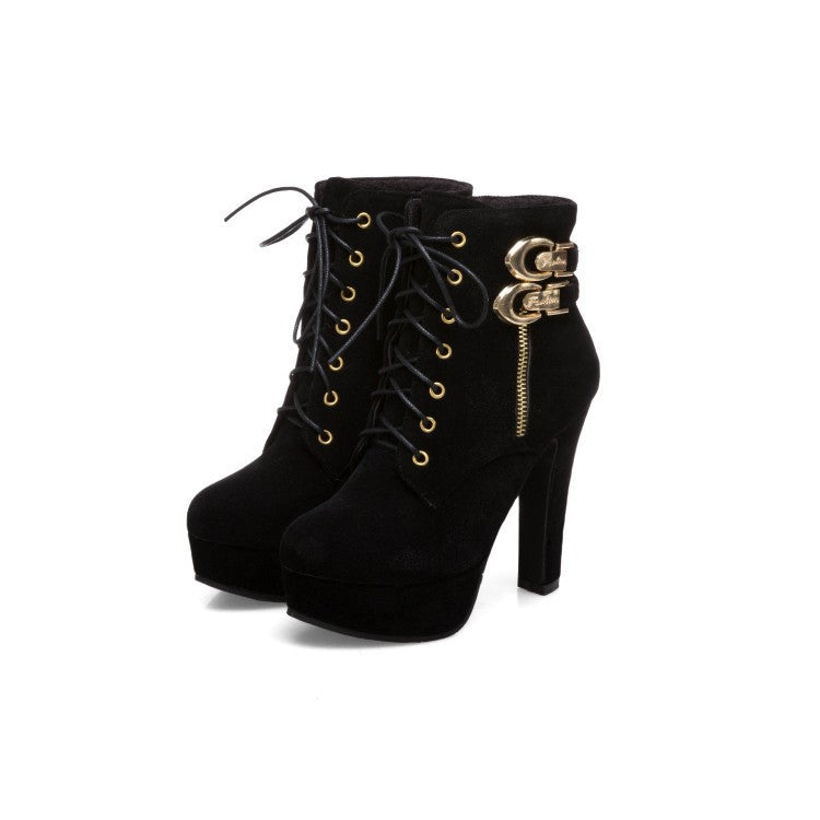 Stylish Black High-Heeled Short Ankle Boots with Gold Buckles for crossdresser fashion.