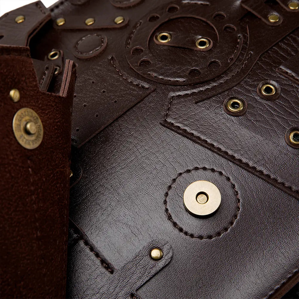 Dark brown leather shoulder bag with unique embossing in steampunk retro style.