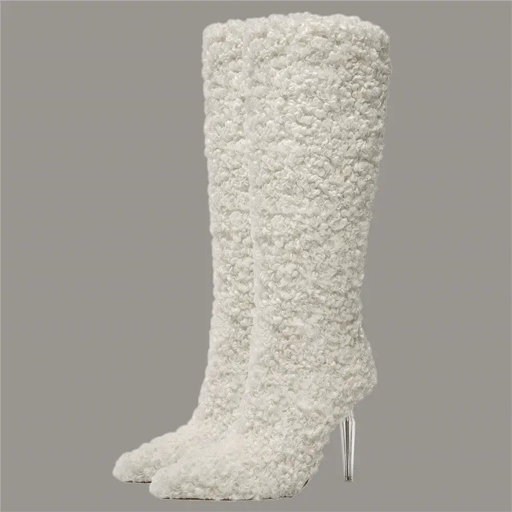 Bottes à bout pointu pour femmes en imitation laine pour le genou