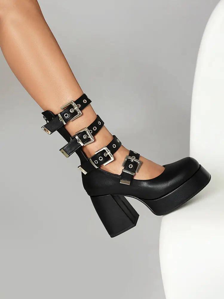 Multi Buckle Chunky High Heel Square Toe Shoes for a Bold