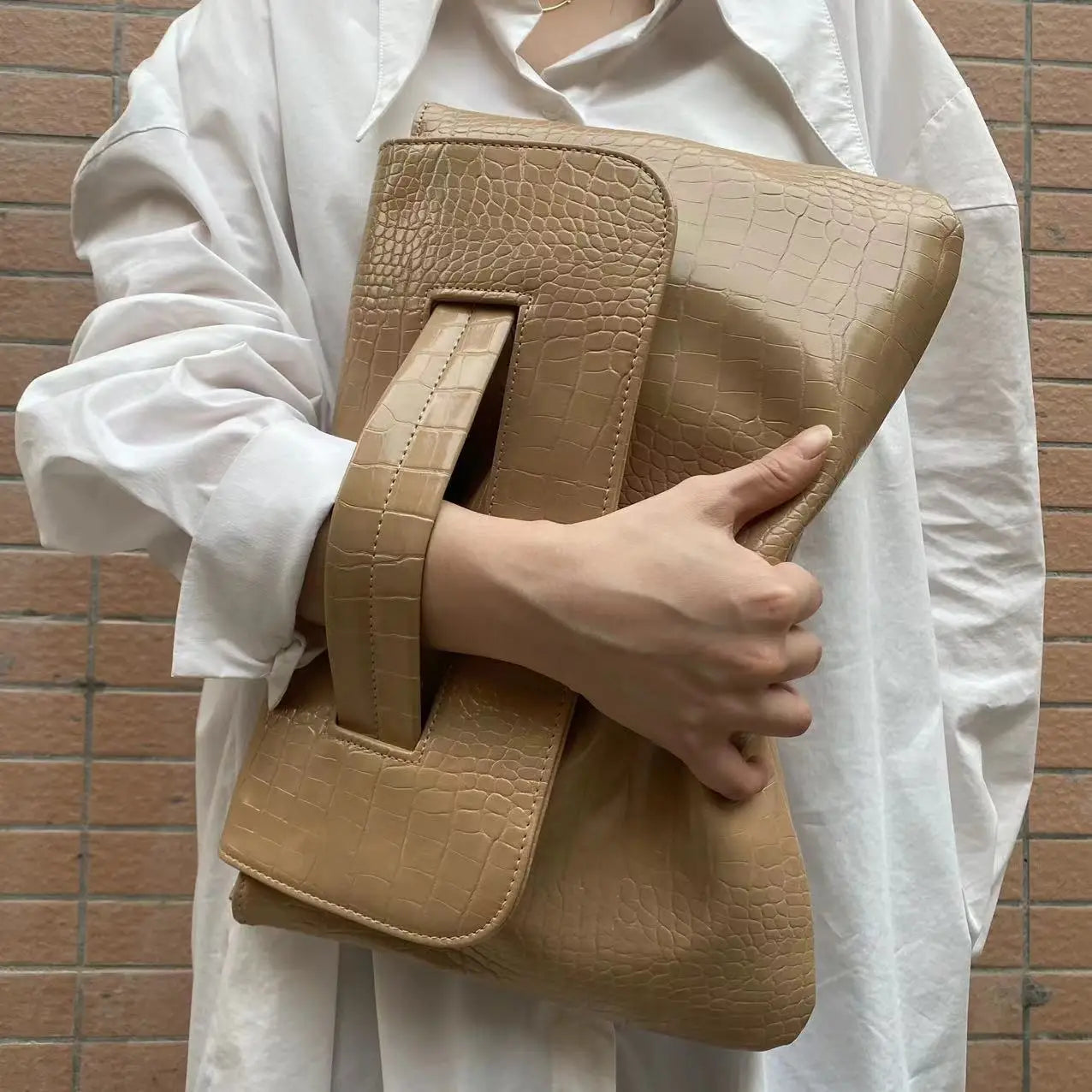 Beige Crocodile Pattern Bag with unique handle, perfect sleeve document bag for files.