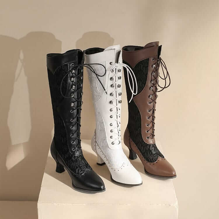 Three Victorian style steampunk lace boots in black, white, and brown leather.