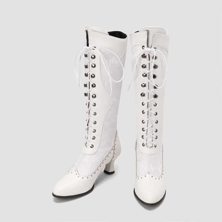 White Victorian style lace-up boots with brogue details perfect for steampunk lovers.