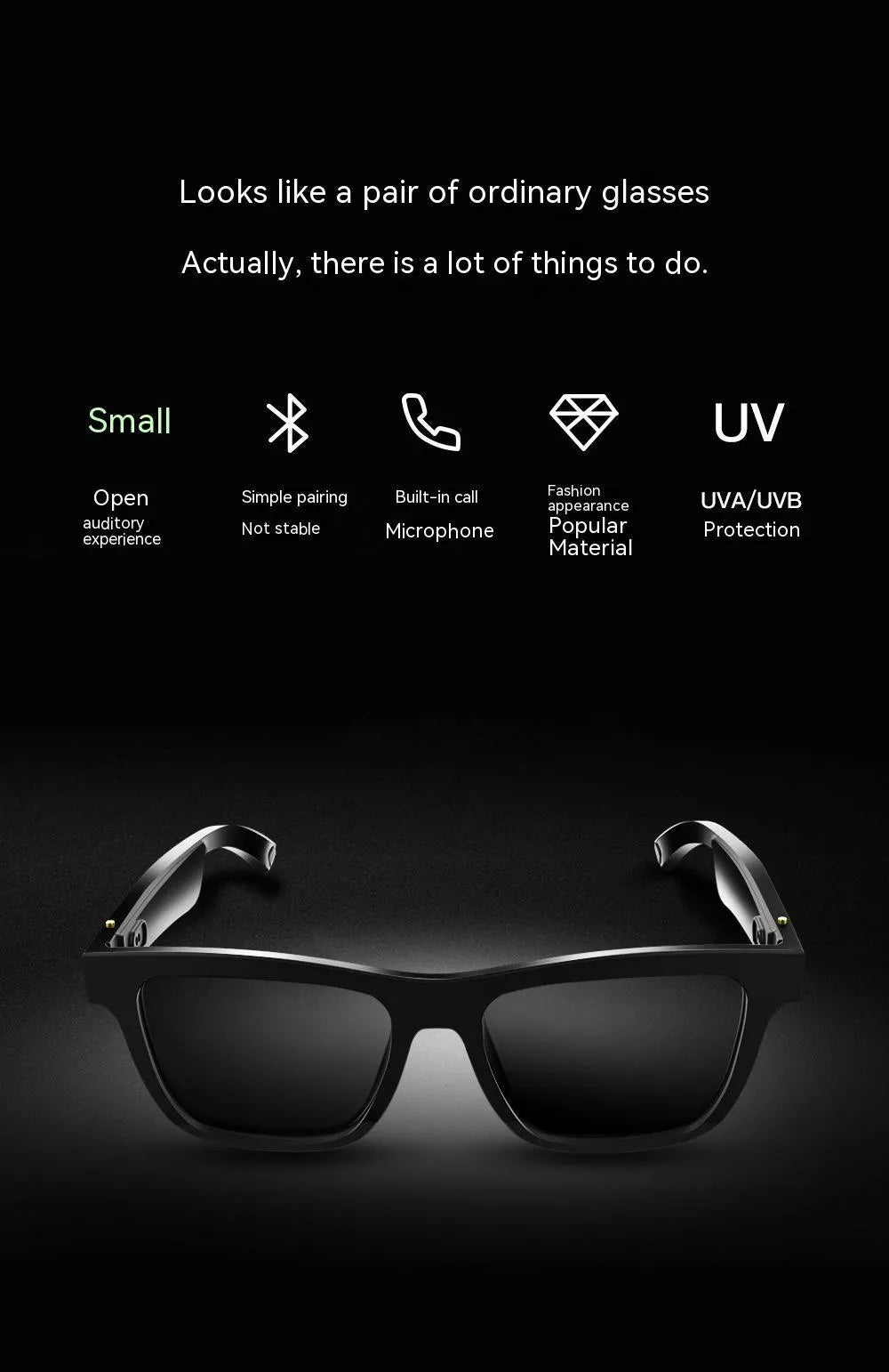 Lunettes intelligentes noires, technologie Bluetooth, casque, lunettes de soleil 