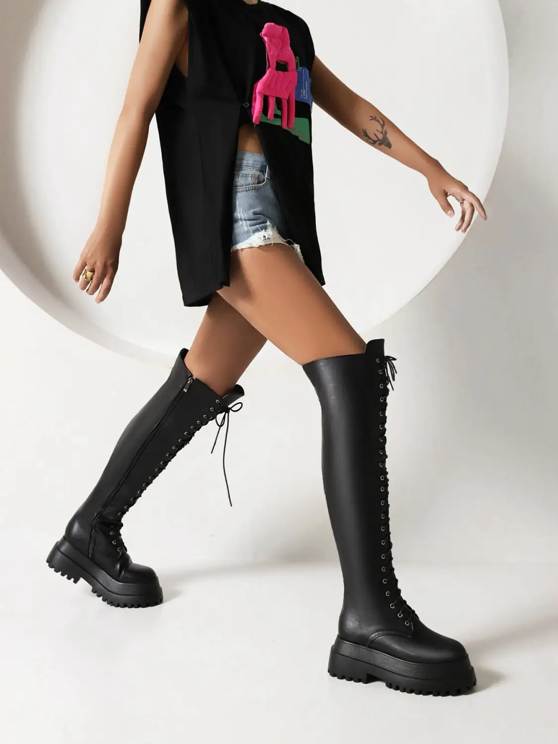 Ladies Knee High Punk Lace-up Round Toe Steampunk Style
