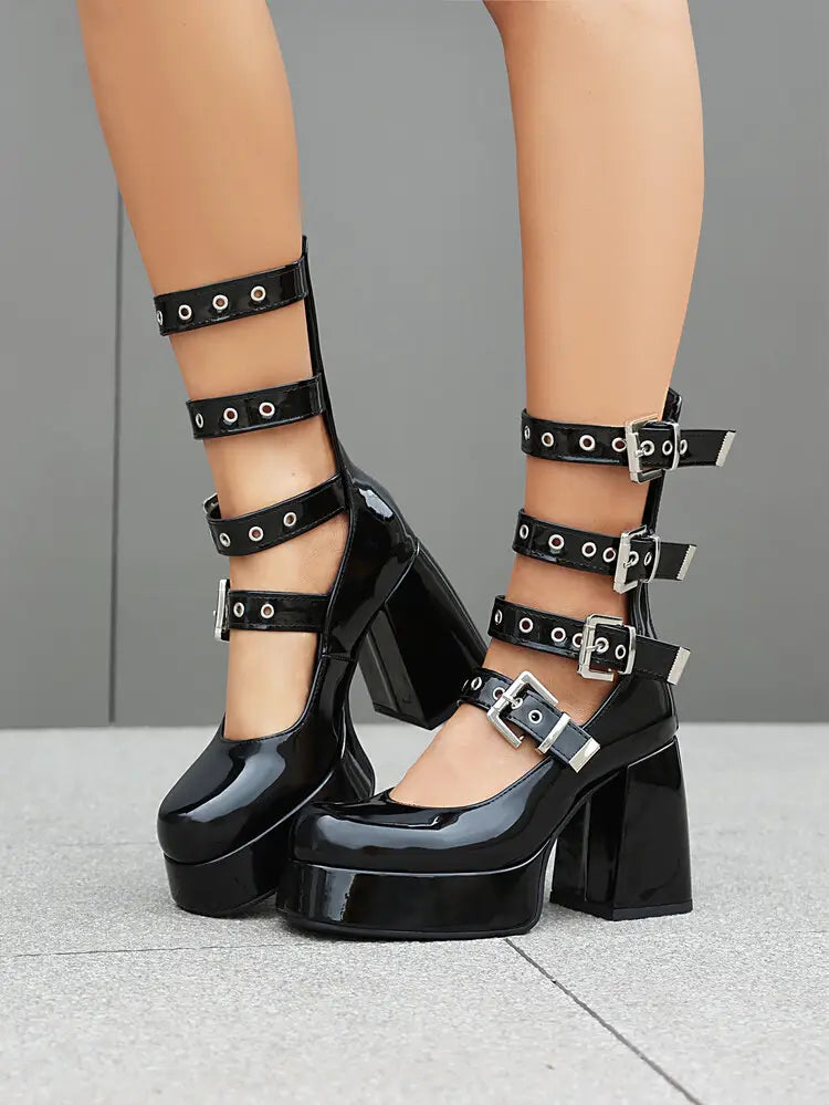 Multi Buckle Chunky High Heel Square Toe Shoes for a Bold