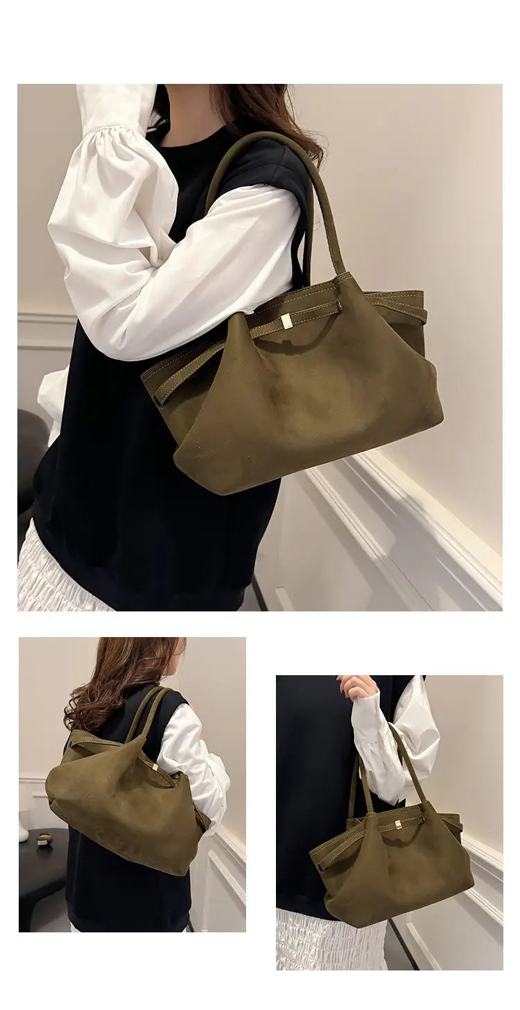 Olive green suede tote bag with leather handles and impressive large capacity for women.